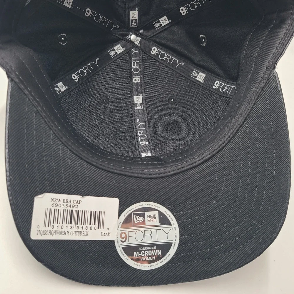 Women Chicago Cubs Hat Snapback New Era 9Forty Black Sequins Logo Faux Leather